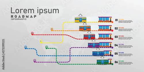 Roadmap and tram cars infographic vector illustration with colorful topic information direction target journey concept