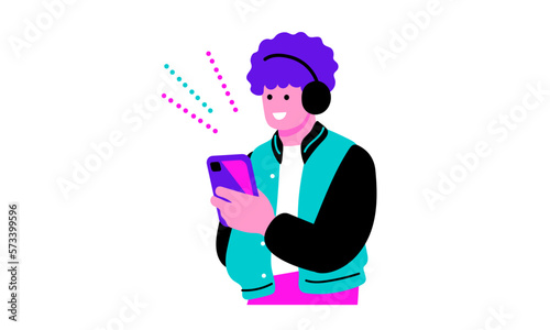 ヘッドフォンをつけて音楽を聞きながらスマホを触る若い男性