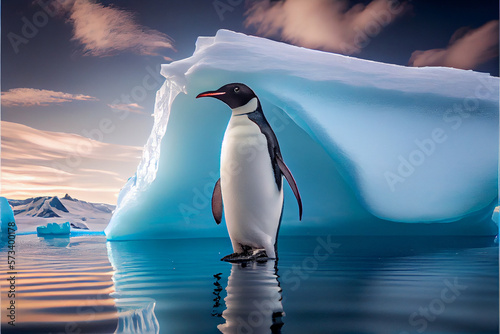 A picture of a penguin on iceberg  daytime  clear sky. Generative AI