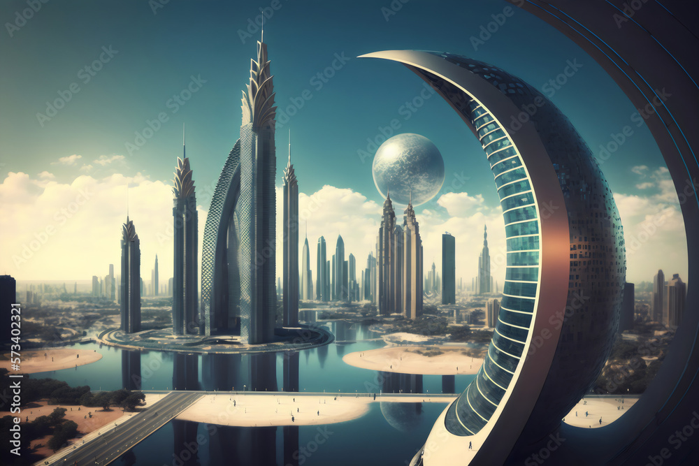 Naklejka premium futuristic silver city made with generative ai