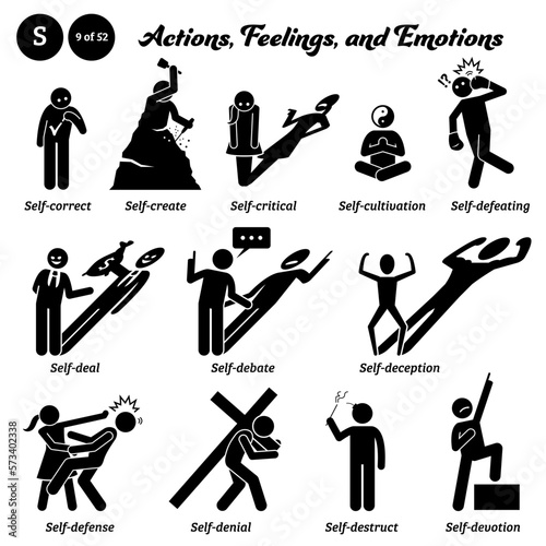 Stick figure human people man action, feelings, and emotions icons alphabet S. Self, correct, create, critical, cultivation, defeating, deal, debate, deception, defense, denial, destruct, and devotion