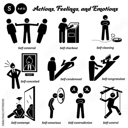 Stick figure human people man action, feelings, and emotions icons alphabet S. Self, centered, checkout, cleaning, conceited, condemned, congratulate, conscious, contradiction, and control. photo
