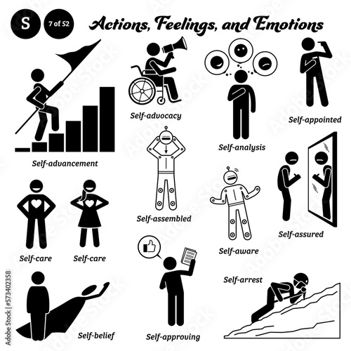 Stick figure human people man action, feelings, and emotions icons alphabet S. Self, advancement, advocacy, analysis, appointed, care, assembled, aware, assured, belief, approving, and arrest.