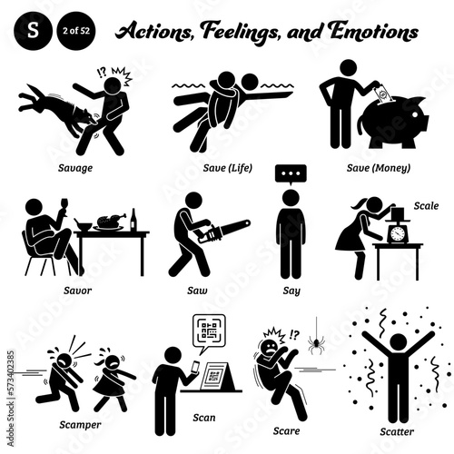 Stick figure human people man action, feelings, and emotions icons alphabet S. Savage, save life, save money, savor, saw, say, scale, scamper, scan, scare, and scatter.