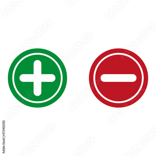 Plus and minus buttons. Green and red plus minus button. Vector illustration.