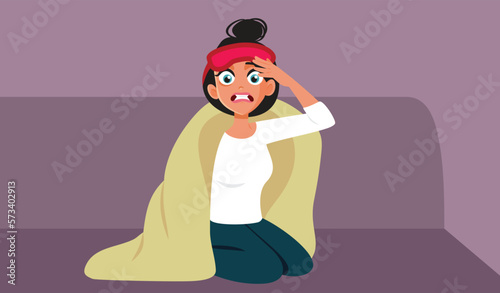 Stressed Woman Covered in a Blanket Unable to fall Asleep Vector Illustration. Anxious lady feeling unable to rest well sleeping on the couch 
