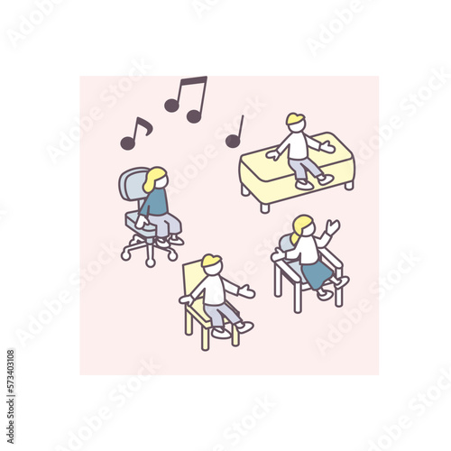 音楽が流れる部屋。楽しむ人々がいる