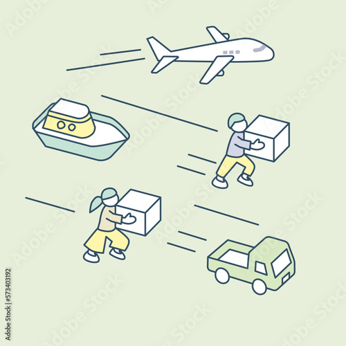 様々な交通手段で運ぶ人々。早く運ぶことの重要性