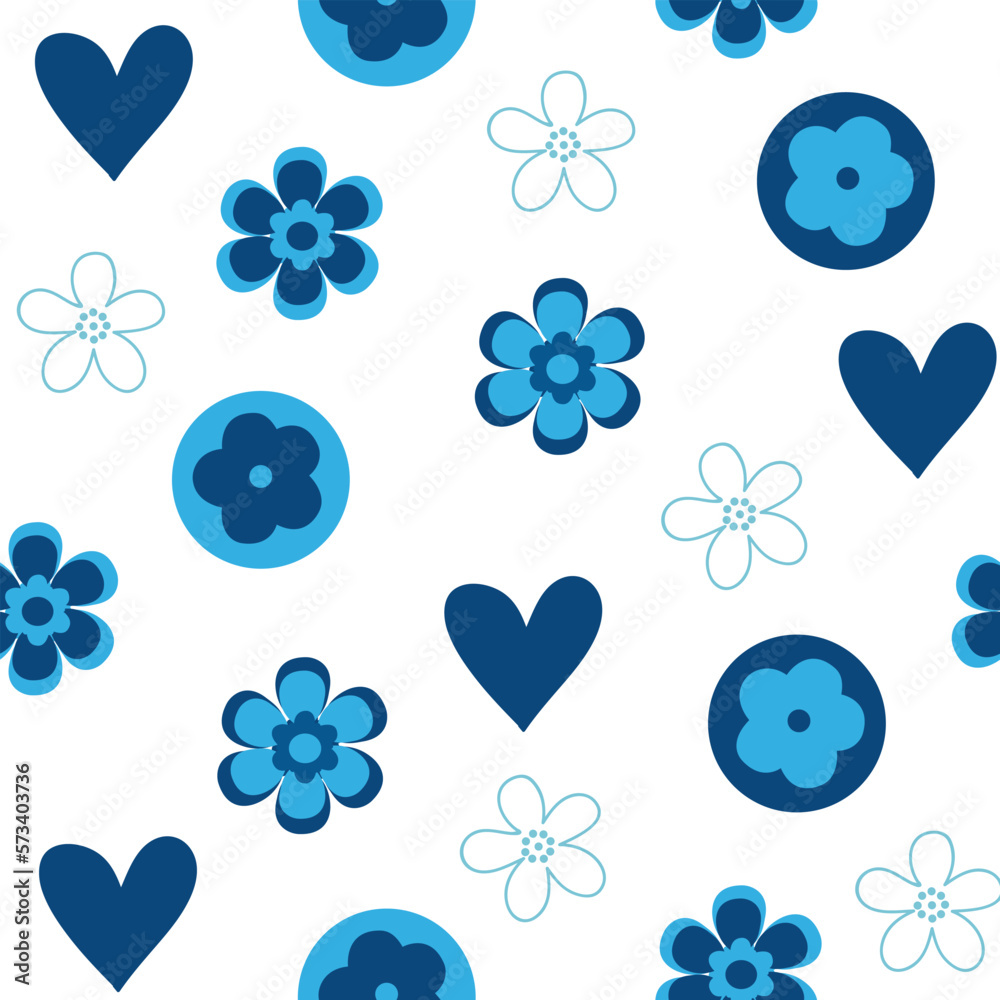 Fototapeta premium Blue flower and heart on white background seamless pattern
