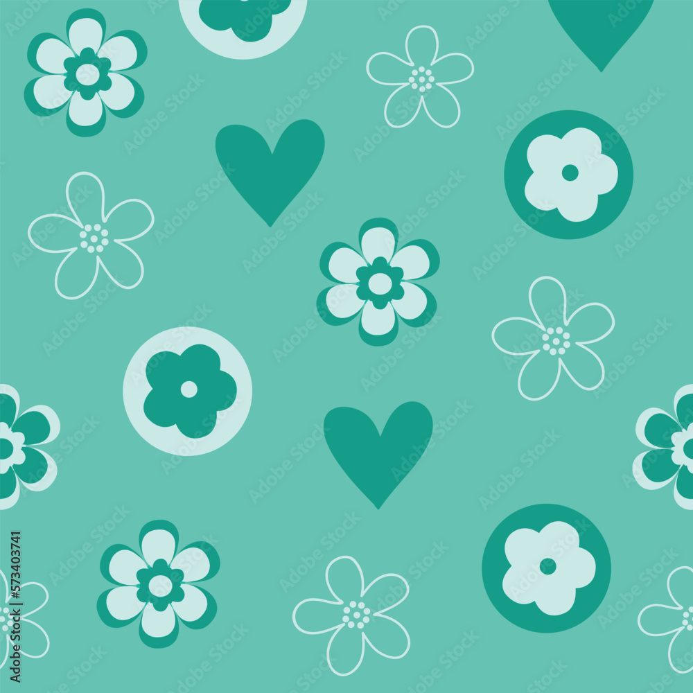 Fototapeta premium Green spring flower and heart seamless pattern