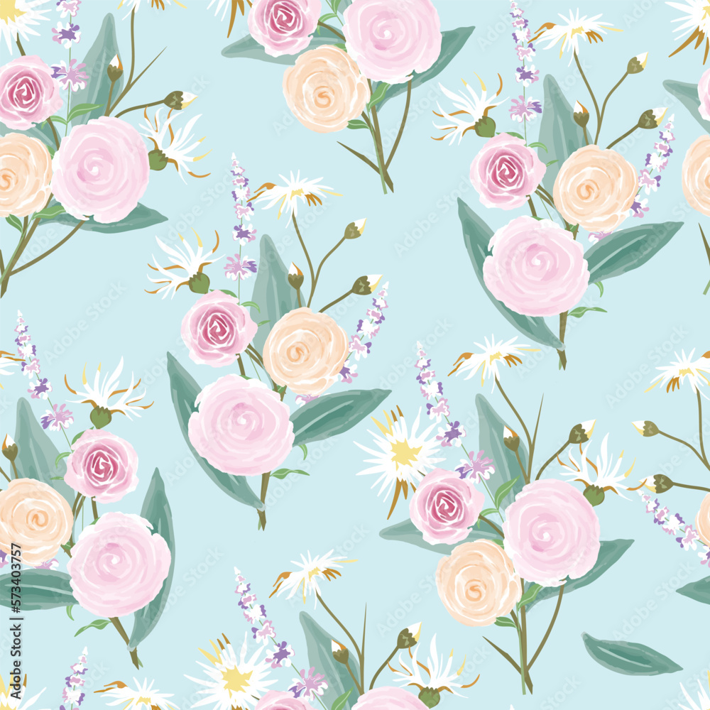 Water color rose and white flower with green leaf seamless pattern