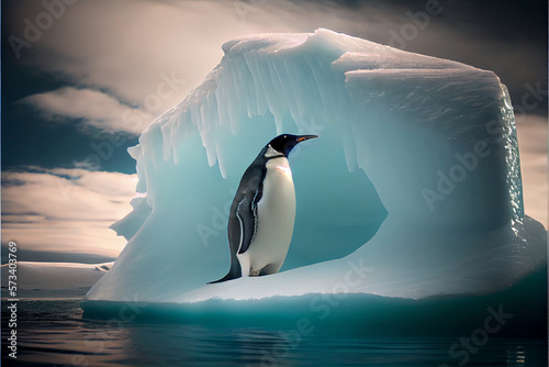 A picture of a penguin on iceberg  daytime  clear sky. Generative AI