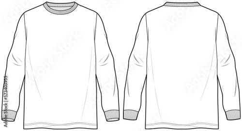 mens crew neck long sleeve oversized t shirt flat sketch vector illustration technical cad drawing template