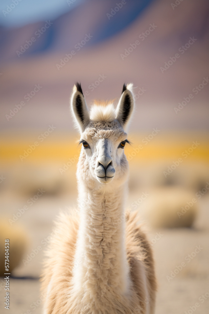 Llama Alpaca in South America Chile Peru Atacama Desert looking at the camera  