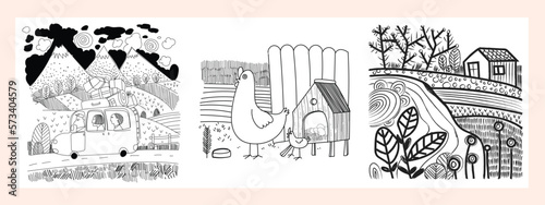 Set of country farm village landscape black and white hand drawing vector illustration.