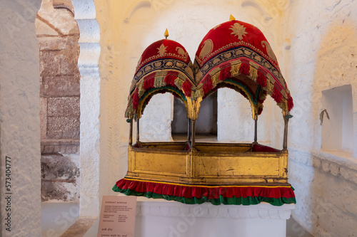 Jodhpur, Rajasthan, India - 19th October 2019 : Elephant Howdah, wooden frame seats for Maharajas, at Mehrangarh museum. King used to travel in this palanquin carried by elephants in ancient times. photo