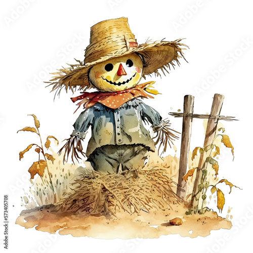 Fotografiet scarecrow bird scarer, ,Watercolor Scarecrow Clipart, Farmer's market, farm png,