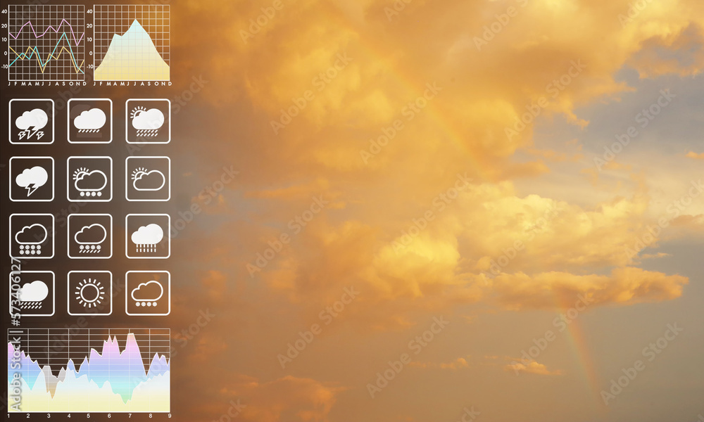 Weather forecast symbol data presentation with graph and chart on dramatic atmosphere panorama view of golden twilight tropical sky and blurry rainbow for meteorology presentation report background - obrazy, fototapety, plakaty 