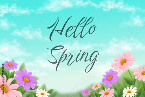 Happy Spring. Welcome spring background with floral blossom. Vector Illustration.  © avenger_ish