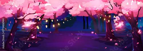 Japanese cherry garden with sakura blossom at night. Spring park landscape with grass glade, chinese cherry trees with falling pink flower petals and light bulb garland, vector cartoon illustration