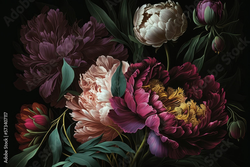 Baroque flowers in rich deep colors, peonies on dark background, generative AI