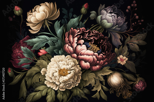 Baroque flowers in rich deep colors, peonies on dark background, generative AI