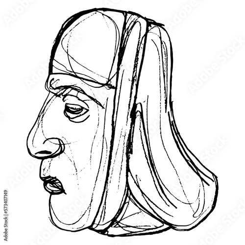 Head of ancient Peruvian man in profile. Moche portrait. Mochica pottery. Hand drawn linear doodle rough sketch. Black silhouette on white background.