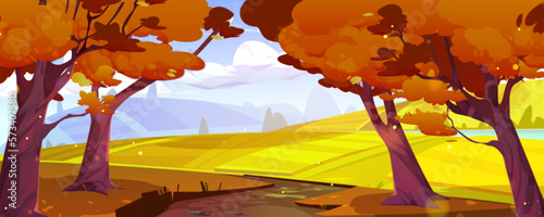 Autumn landscape with farm fields, forest and river. Rural scene, countryside with trees with orange foliage, yellow fields, lake and road in fall, vector cartoon illustration