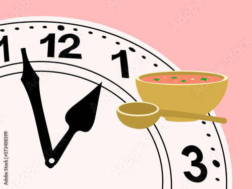 Time for lunch. The clock hand points to a bowl of soup. Conceptual flat vector illustration. photo