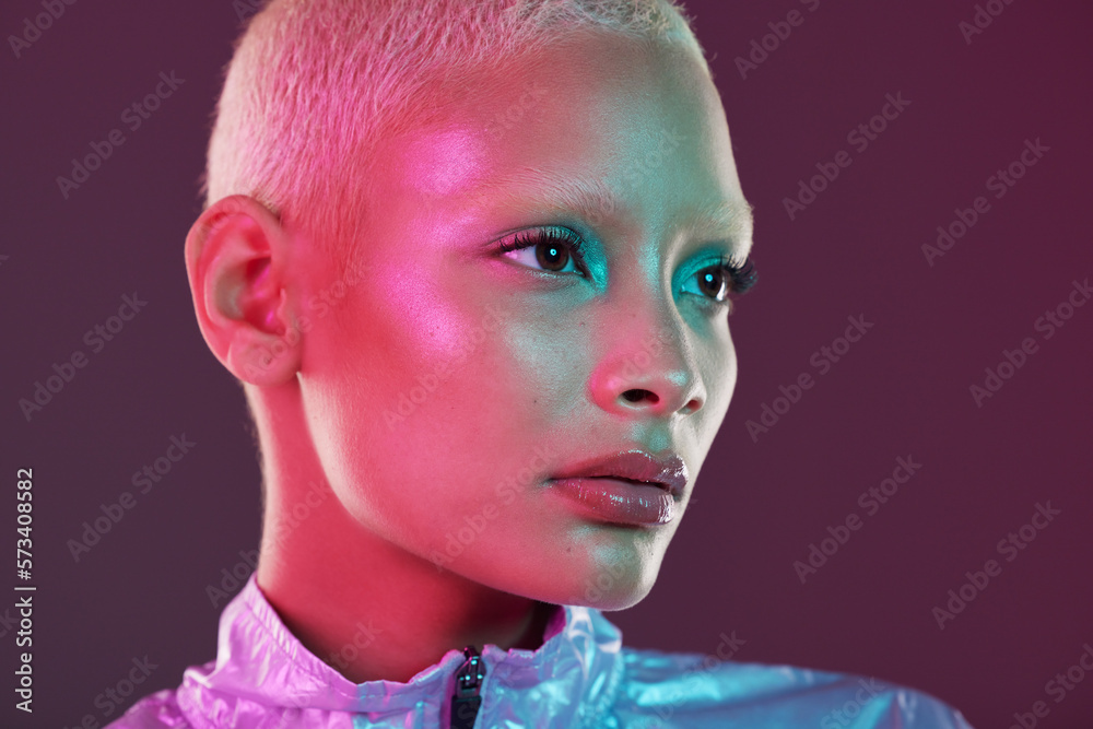 Vaporwave profile, black woman and cyberpunk cosmetics with model