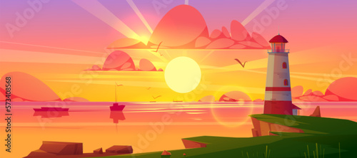 Lighthouse on sea coast. Summer sunset landscape of ocean beach with beacon, building on cliff. Vector cartoon illustration of seascape with nautical navigation tower. Ocean shore with light house