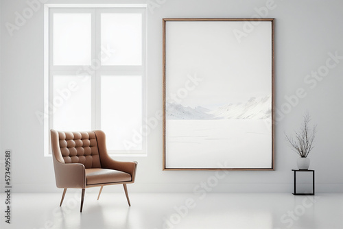 A tan gold frame in portrait orientation for showcasing art as a graphic resource in a bright white room with a tan leather chair modern minimalist