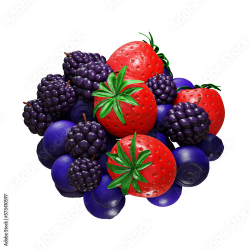 3d rendering bunch of berries strawberries blueberries blackberries perspective view