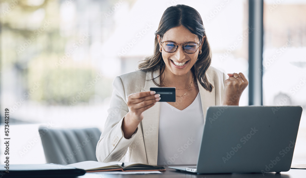 Fintech, credit card and yes with woman and laptop in office for savings, investment or online shopping sale. Success, finance and ecommerce with customer and website for deal, payment and winner