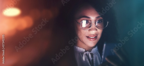 Business, black woman and phone communication at night for contact, typing or networking app. Female employee working late on smartphone, dark bokeh background or glasses to search internet on mockup