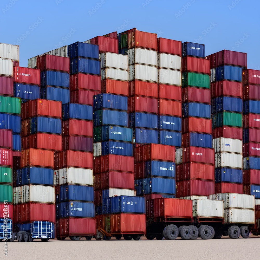 Fototapeta premium Container cargo ship and trucks of industrial freight for shipping