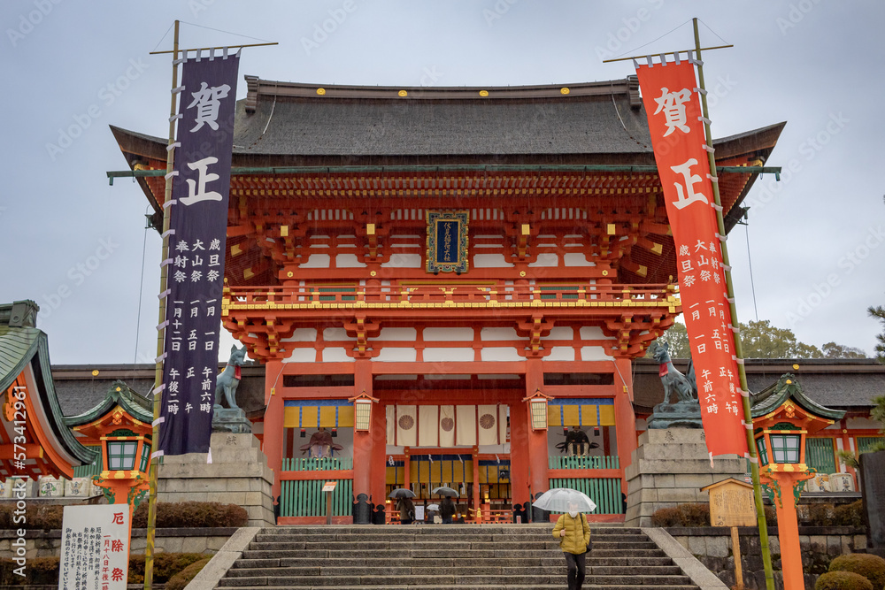 Red traditional Japanese temple building architecture at the Fushimi Inari Shrine in Kyoto Japan Red traditional Japanese temple building architecture at the Fushimi Inari Shrine in Kyoto Japan