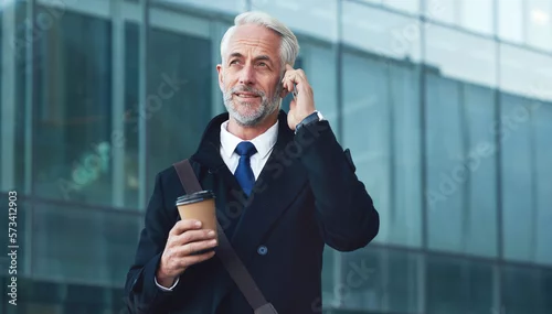 Obraz City, phone call and coffee, mature businessman or lawyer outside law firm in discussion on legal advice. Ceo, man or happy boss with communication, 5g and smartphone, crm or networking conversation.
