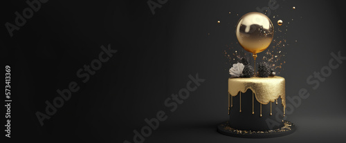 luxurious birthday celebration themed minimalist black cake with golden icing topped with flowers and balloon surrounded by sprinkles of gold on black background generative ai web banner size