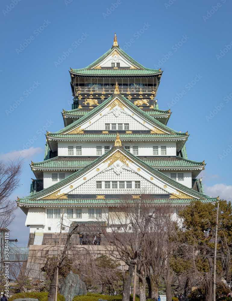 Green and white traditional Japanese architecture building of the Osaka Castle in Osaka Japan Green and white traditional Japanese architecture building of the Osaka Castle in Osaka Japan