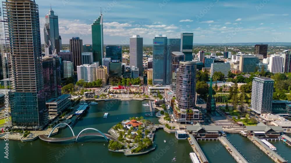 Aerial hyperlapse, dronelapse video of Elizabeth Quay of Perth city in daytime