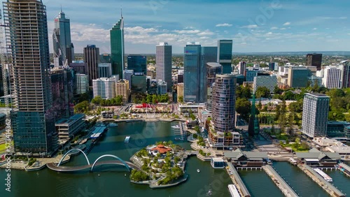 Aerial hyperlapse, dronelapse video of Elizabeth Quay of Perth city in daytime photo