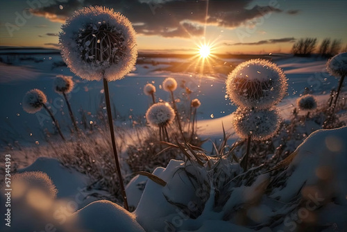 Dandelion flowers in the winter sunset with snow, generative AI