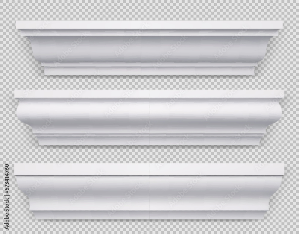 Realistic set of classic white baseboard molding png isolated on transparent background. Vector illustration of decorative skirting boards made of wood or gypsum for ceiling, floor and wall design - obrazy, fototapety, plakaty 
