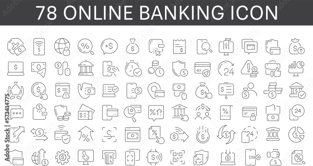 Online banking thin line icons set. Credit card, online transaction, check balance, mobile support, blockchain, deposit app, money safety, internet bank, contactless payment, Vector illustration