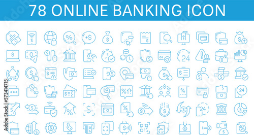 Online banking thin line icons set. Credit card, online transaction, check balance, mobile support, blockchain, deposit app, money safety, internet bank, contactless payment, Vector illustration