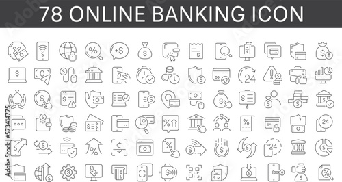 Online banking thin line icons set. Credit card, online transaction, check balance, mobile support, blockchain, deposit app, money safety, internet bank, contactless payment, Vector illustration