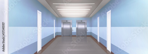 Blue corridor in empty office building realistic, two metal elevator, white doors. Hallway inside hotel, entrance to room. Modern lighting in clinic. Contemporary medic practice with nobody in scene