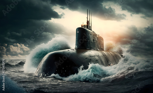 Photographie Army military Submarine move in north waters of ocean, dramatic mood