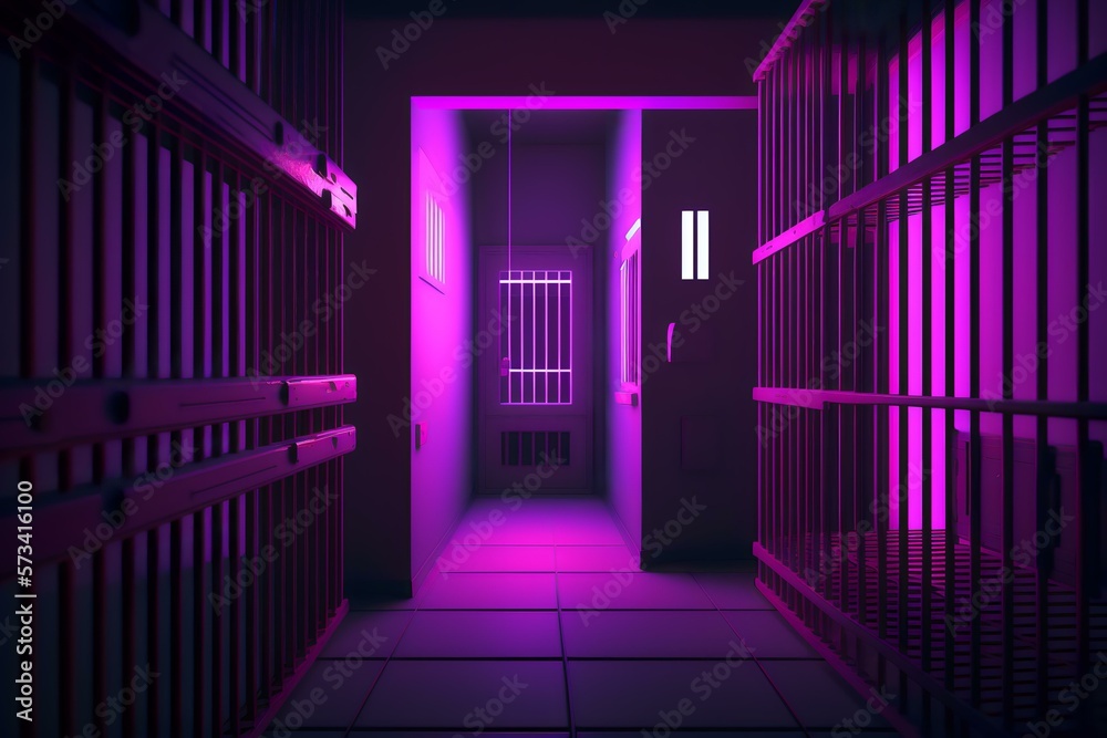futuristic prison cell with metal bars and intense purple neon lights (AI Generated) futuristic prison cell with metal bars and intense purple neon lights (AI Generated)
